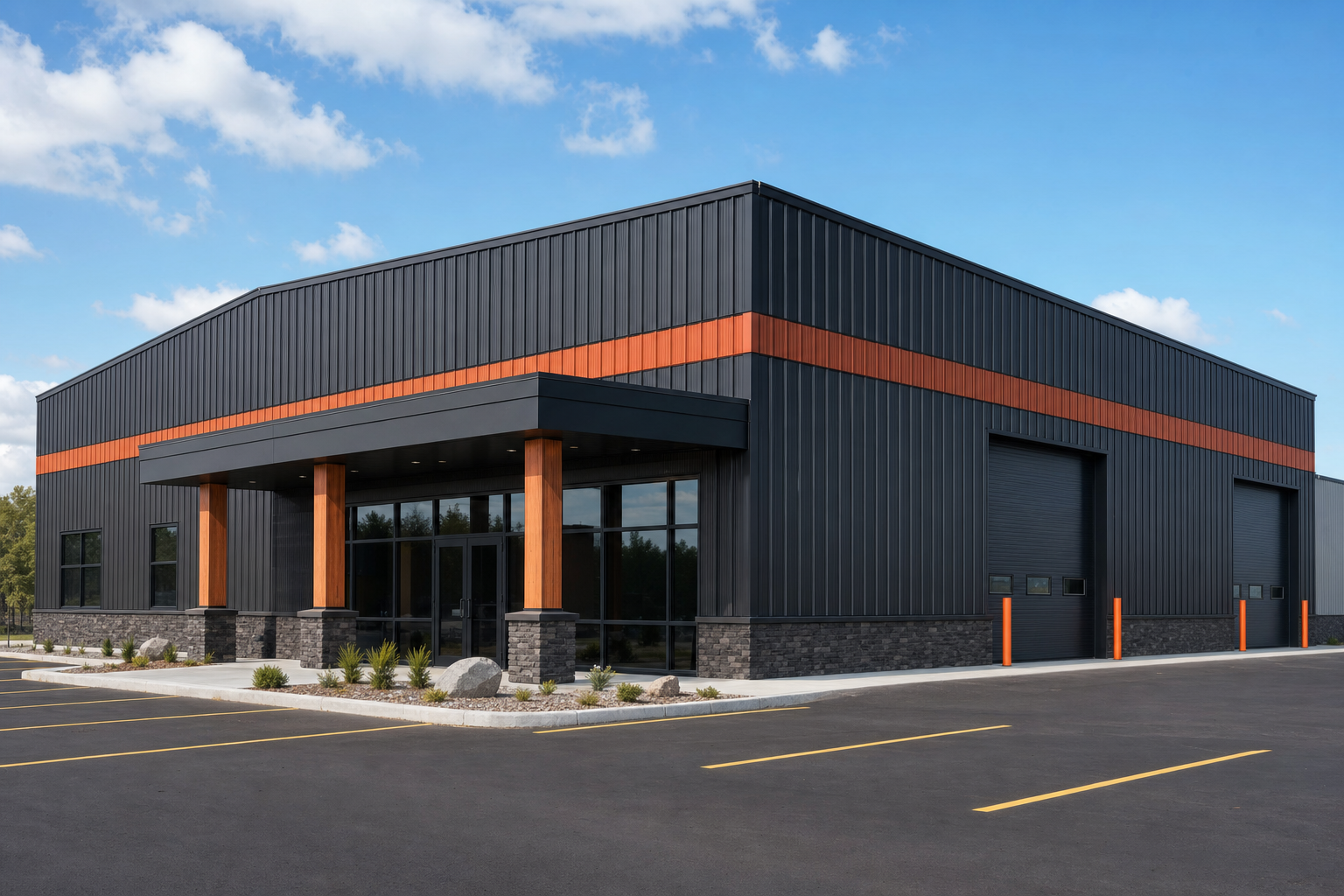 Commercial steel building with entrance