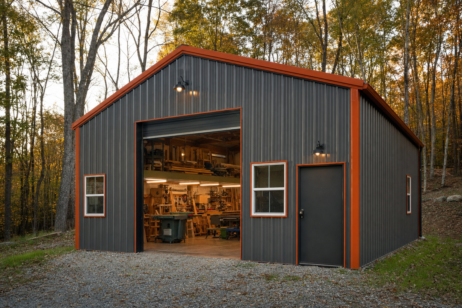 Steel workshop building with roll-up door