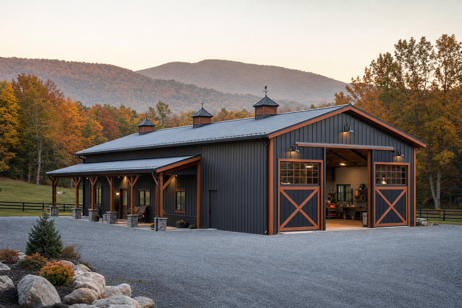 Custom steel workshop building with rust-orange trim on a Pennsylvania property